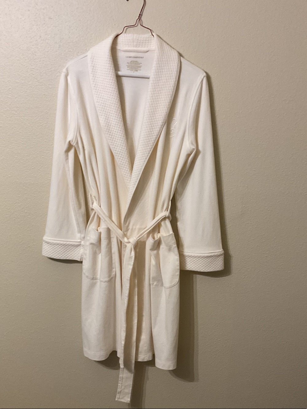 Lauren Essentials Women's Cream Waffle-Trim Robe
